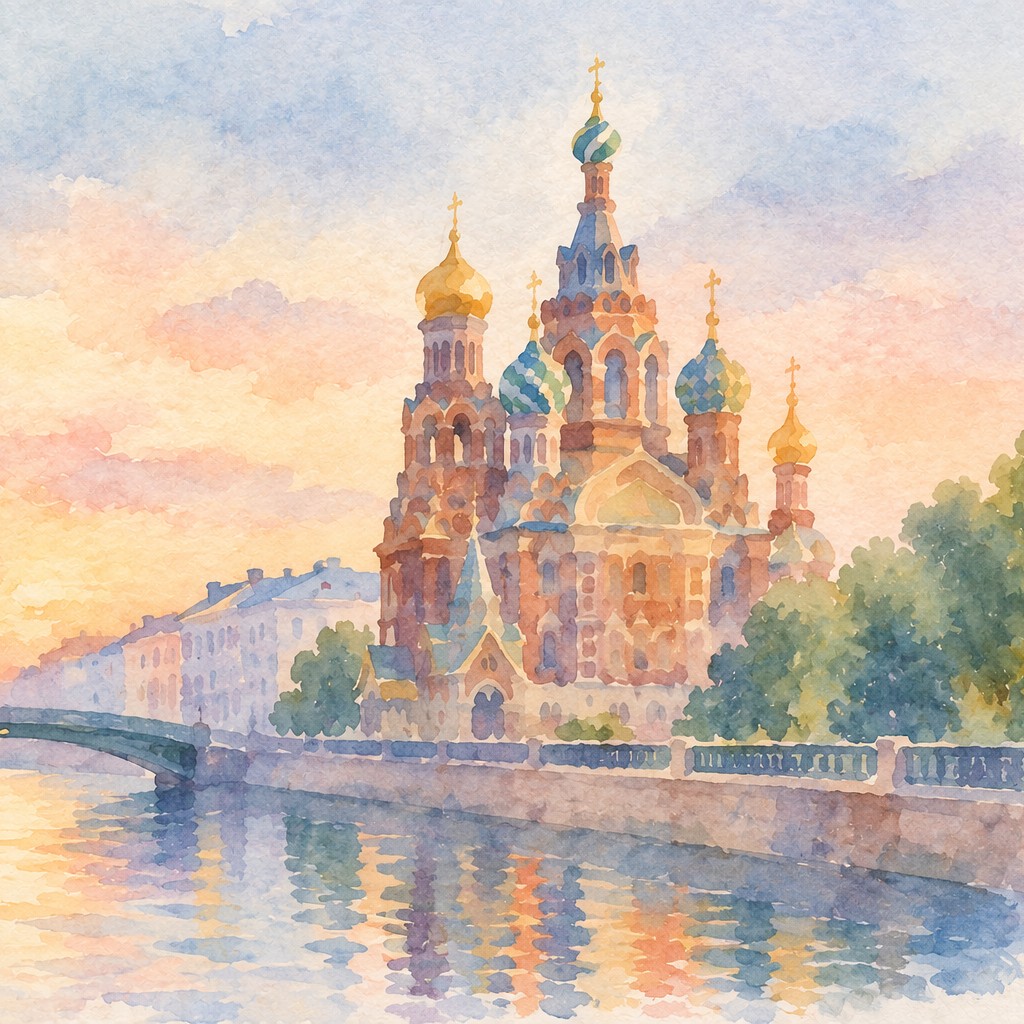 Watercolor illustration of Church of the Savior on Spilled Blood, St Petersburg